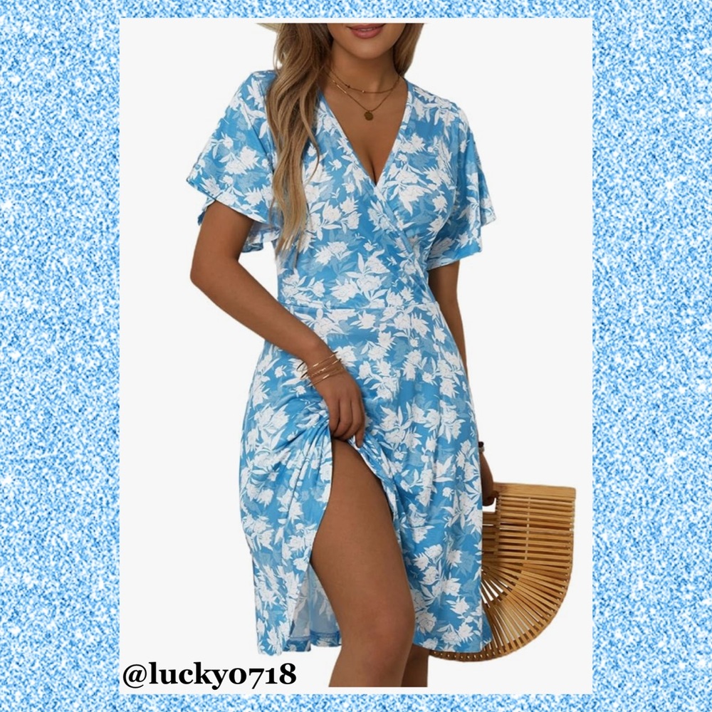 Fensace NWT Summer Floral Blue/White Short Sleeve Wrap Dress Sz S